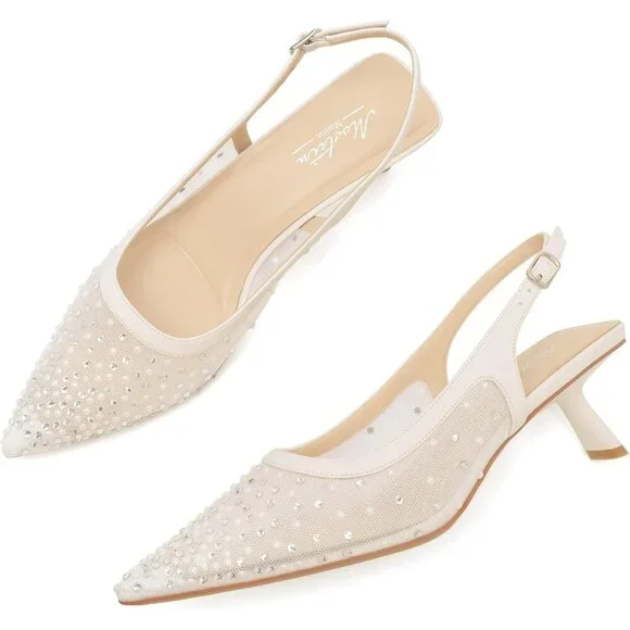 Pointed Toe Pumps Patent Leather Low Heel Slingback Heels with Buckle Dress Shoe - Picture 8 of 9